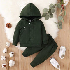 Full Sleeves Knitted Diagonal Button Snap-Up Solid Hooded Sweater With Trousers From 3 - 24 Months