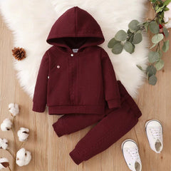 Full Sleeves Knitted Diagonal Button Snap-Up Solid Hooded Sweater With Trousers From 3 - 24 Months