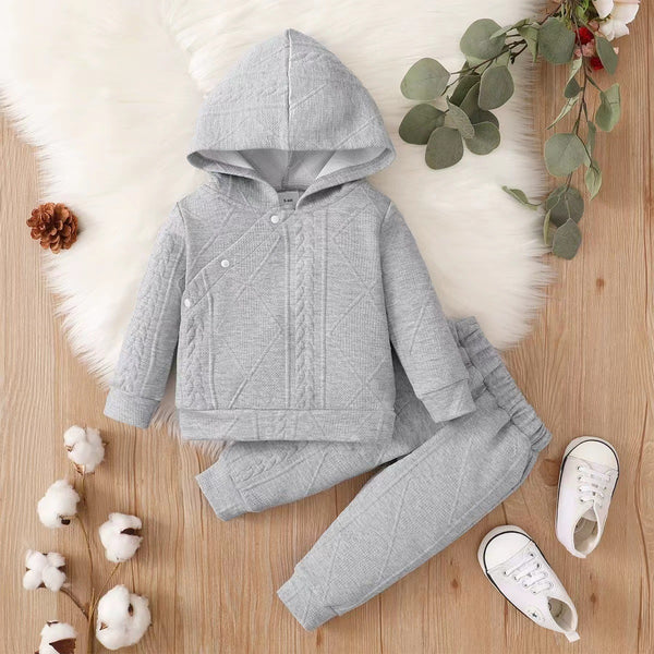 Full Sleeves Knitted Diagonal Button Snap-Up Solid Hooded Sweater With Trousers From 3 - 24 Months