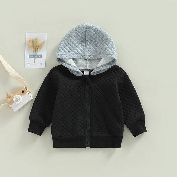 Black Full Sleeves Solid Waffle Zip-Up Hooded Top From 9 Months - 5 Years