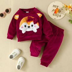 Velvety Full Sleeves Embroidered Fox Print Fleece Pullover Sweatshirt With Attached Bowknot & Joggers From 6 Months - 3 Years