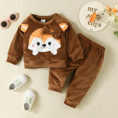 Velvety Full Sleeves Embroidered Fox Print Fleece Pullover Sweatshirt With Attached Bowknot & Joggers From 6 Months - 3 Years