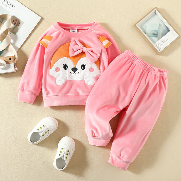 Velvety Full Sleeves Embroidered Fox Print Fleece Pullover Sweatshirt With Attached Bowknot & Joggers From 6 Months - 3 Years