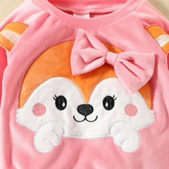 Velvety Full Sleeves Embroidered Fox Print Fleece Pullover Sweatshirt With Attached Bowknot & Joggers From 6 Months - 3 Years