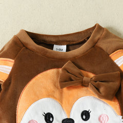 Velvety Full Sleeves Embroidered Fox Print Fleece Pullover Sweatshirt With Attached Bowknot & Joggers From 6 Months - 3 Years