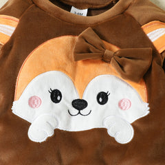 Velvety Full Sleeves Embroidered Fox Print Fleece Pullover Sweatshirt With Attached Bowknot & Joggers From 6 Months - 3 Years