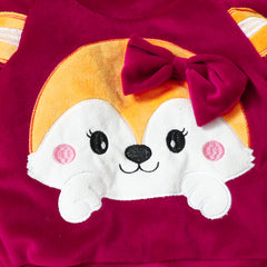 Velvety Full Sleeves Embroidered Fox Print Fleece Pullover Sweatshirt With Attached Bowknot & Joggers From 6 Months - 3 Years