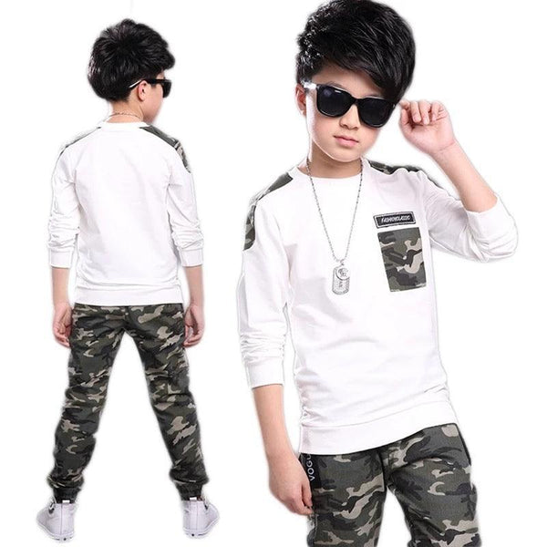 White Full Sleeves Costume Letter Camouflage Shoulder & Pocket T-Shirt With Camouflage Trousers From 1-9 Years