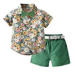 Green Half Sleeves Overall Floral Printed Shirt & Shorts With Belt & Bow Tie From 3 Months - 6 Years