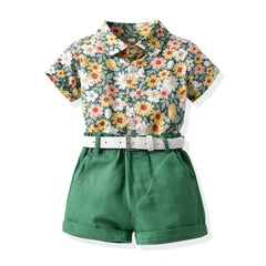 Green Half Sleeves Overall Floral Printed Shirt & Shorts With Belt & Bow Tie From 3 Months - 6 Years