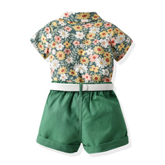 Green Half Sleeves Overall Floral Printed Shirt & Shorts With Belt & Bow Tie From 3 Months - 6 Years