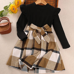 Full Sleeves Ruffle Trim Shoulder & Plaid Print Ribbed Knit Belted Dress From 2-6 Years