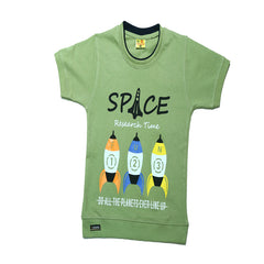 Half Sleeves Front & Back "SPACE" Text Printed T-Shirt With Dark Blue Denim Shorts