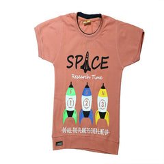 Half Sleeves Front & Back "SPACE" Text Printed T-Shirt With Dark Blue Denim Shorts