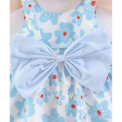 Sleeveless Floral Print Bow Attached Frock With Hat From 9 Months-4 Years