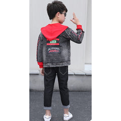 Full Sleeves Back Printed Denim Hoodie With Denim Pant Set From 3-9 Years