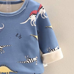 Blue Full Sleeves Dino Printed Fleece Pullover With Matching Joggers From 9 Months-4 Years