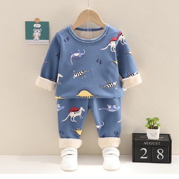 Blue Full Sleeves Dino Printed Fleece Pullover With Matching Joggers From 9 Months-4 Years