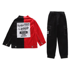 Full Sleeves Red n Black Colourblock Back Printed Denim Shirt & Pant Set From 3-9 Years