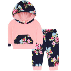 Pink Full Sleeves Floral Printed Kangaroo Pocket Hoodie & Joggers From 3 Months-3 Years