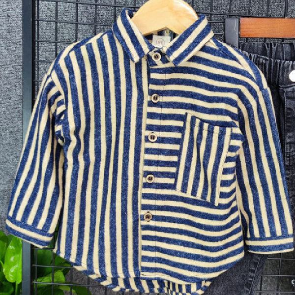 Blue Striped Full Sleeves Front Pocket Striped Shirt From 1-7 Years