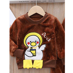 Velvety Brown Winter Wear Track Suit Set Duck Embroidery From 9 Months-6 Years