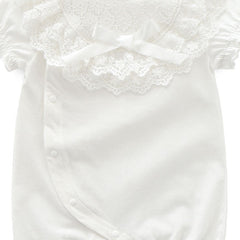 White Puff Sleeves Lace Ruffled Neck Solid Romper From 3-12 Months