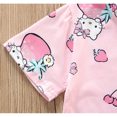 Pink Half Sleeves Cartoon Pattern Print Tee With Shorts From 9 Months-4 Years