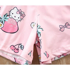 Pink Half Sleeves Cartoon Pattern Print Tee With Shorts From 9 Months-4 Years