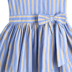 Blue Sleeveless Style Round Neck Bow Attached Striped Pattern Dress From 3-9 Years