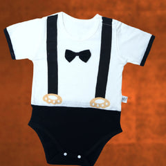 Half Sleeves Bow Tie &   Decor Strap Print  Gentleman Romper From 3-12 Months