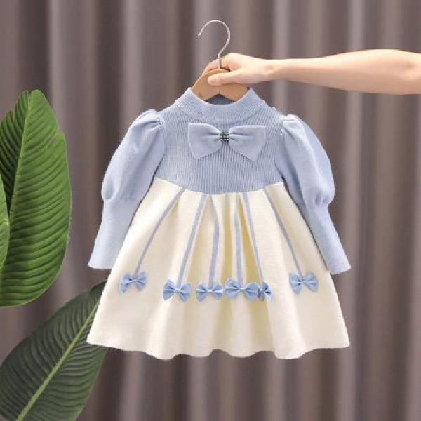 Long Fluffy Sleeves Bow Applique A-Line Elegant Princess Knitted Tutu Dress From 1-6 Years