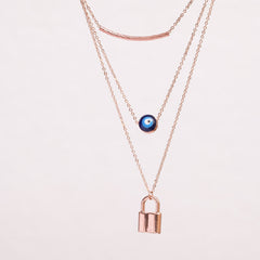 Rose Gold plated evil eye lock layered necklace