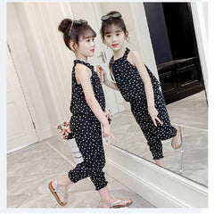 Black Sleeveless Polka Dot Print Top And Pants Set From 3-9 Years