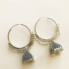 Silver  Oxidised Hoop Earrings With Jhumki