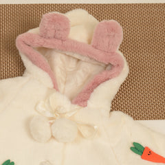 White Full Sleeves Cute Rabbit Ears Carrot Applique Warm Fleece Cape Outerwear From  9 Months- 4 Years