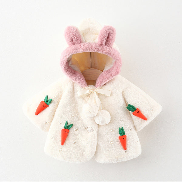 White Full Sleeves Cute Rabbit Ears Carrot Applique Warm Fleece Cape Outerwear From  9 Months- 4 Years