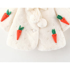 White Full Sleeves Cute Rabbit Ears Carrot Applique Warm Fleece Cape Outerwear From  9 Months- 4 Years