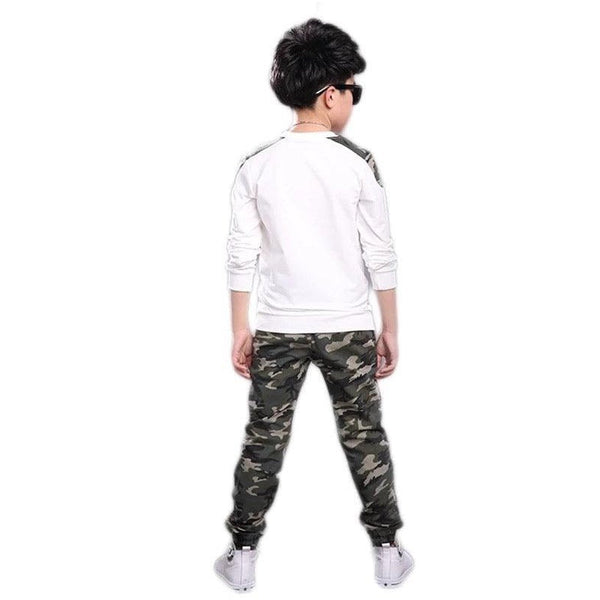 White Full Sleeves Costume Letter Camouflage Shoulder & Pocket T-Shirt With Camouflage Trousers From 1-9 Years