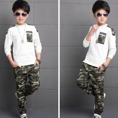 White Full Sleeves Costume Letter Camouflage Shoulder & Pocket T-Shirt With Camouflage Trousers From 1-9 Years