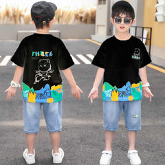 Black Half Sleeves Cartoon Back Printed T-shirt With Blue Denim Shorts From 3-9 Years