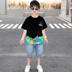 Black Half Sleeves Cartoon Back Printed T-shirt With Blue Denim Shorts From 3-9 Years