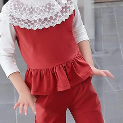 Red n White Lace Embroidered Top With Peplum Sleveless Jacket & Pant 3 pcs Set From 4-9 Years