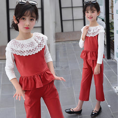 Red n White Lace Embroidered Top With Peplum Sleveless Jacket & Pant 3 pcs Set From 4-9 Years