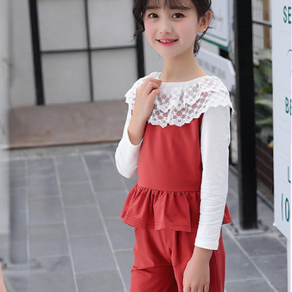 Red n White Lace Embroidered Top With Peplum Sleveless Jacket & Pant 3 pcs Set From 4-9 Years