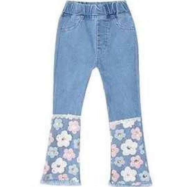 Full Balloon Sleeves Flower Applique Pattern Top With Floral Embroidered Jeans From 3-9 years