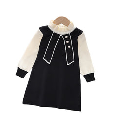 Long Sleeves Two Tone Coloured Contrast Printed Above knee Winter Dress From 2 - 7 Years