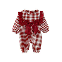 Full Sleeves Overall Checkered Bow Embellished Thick Romper From New Born - 2 Years