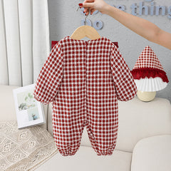 Full Sleeves Overall Checkered Bow Embellished Thick Romper From New Born - 2 Years