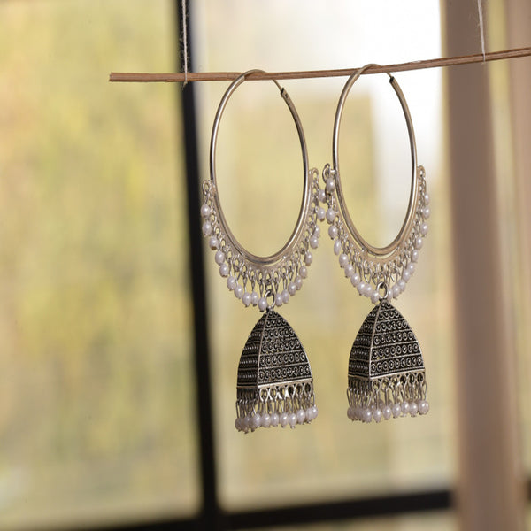 Silver  Oxidised Hoop Earrings With Jhumki